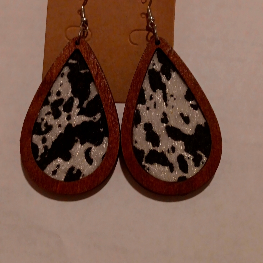Cow print earrings  with wood border